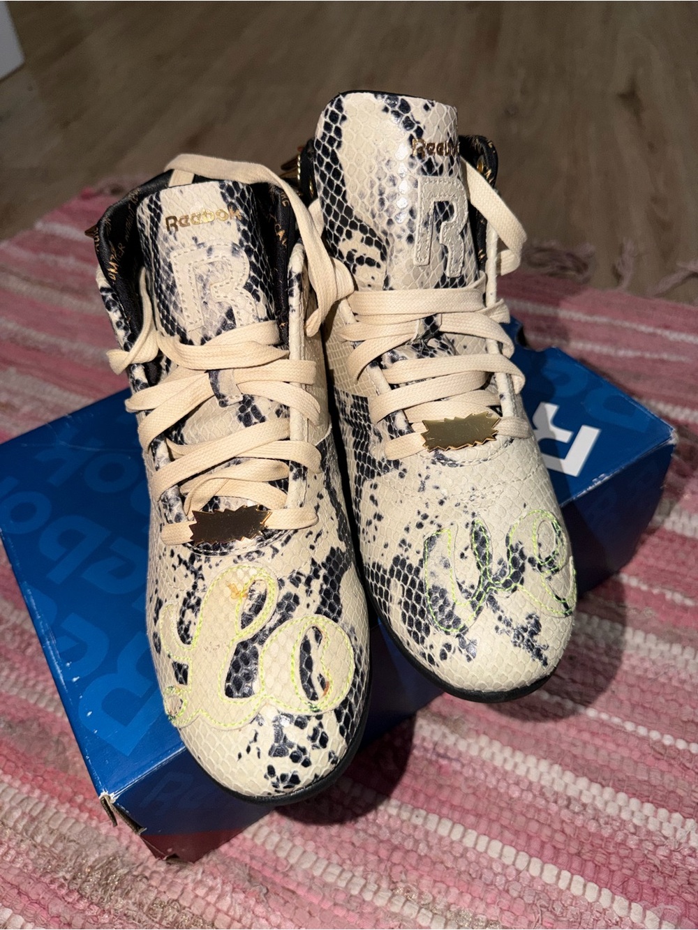 Reebok Cream and Black Snake-Print High-Top Sneakers